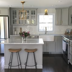 two stools are in front of the kitchen island