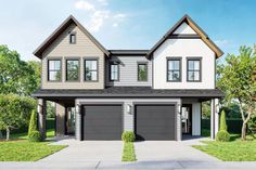 a two story house with three car garages