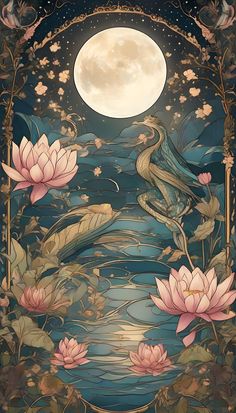 a painting with flowers and water lilies in front of a moonlit sky,