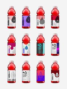 six different types of water bottles are shown in this image, each with their own label