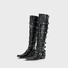 Punk Gothic Style Rivet Knee High Boots – Premiwear.com Punk Style Boots With Rivets For Cosplay, Punk Style Moto Boots For Cosplay And Winter, Punk Style Moto Boots For Cosplay In Winter, Punk Style Moto Boots For Winter Cosplay, Punk Style Winter Boots, Edgy Fall Cosplay Boots, Edgy Winter Boots For Cosplay, Gothic Boots With Grommets For Concerts, Gothic Boots With Rivets For Cosplay