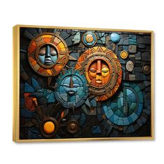 an abstract painting with sun and moon faces on it's face, in gold frame