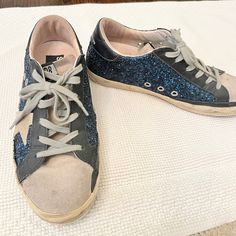 Hi Star Sneakers In Suede With Blue Glitter. Worn Twice. Excellent Condition Shoes Golden Goose, Goose Shoes, Glitter Sneakers, Golden Goose Shoes, Star Sneakers, Blue Glitter, Golden Goose, Womens Shoes Sneakers, Shoes Sneakers