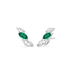 Inspired by a vine, this pair of glittering ear climbers features a trio of marquise diamonds and created emerald that look like sparkling leaves. These foliage-style ear crawlers exude romantic elegance with their dainty curves and understated sparkle. Ear Crawlers, Crawlers Earrings, Ear Climber, Gorgeous Engagement Ring, Ear Climbers, Climber Earrings, Marquise Diamond, Emerald Gemstone, Gold Jewellery Design