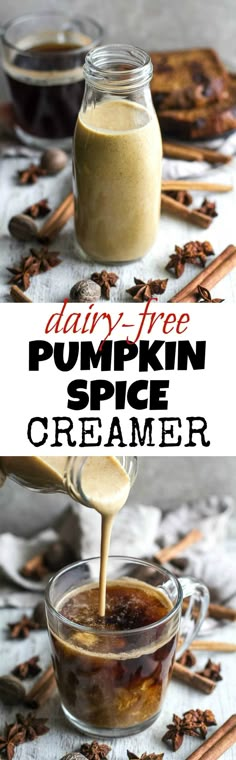 pumpkin spice creamer is being poured into a glass bowl with cinnamons around it