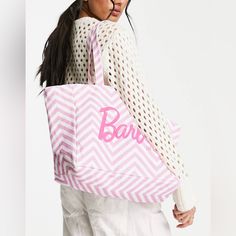 Barbie Canvas Tote Nwt Pink / White Chevron Approx Measurements 14.5” X 11” X 6.75” Handle Drop 10.75” Trendy White Bag For Weekend, Trendy White Shoulder Bag For Weekend, White Shoulder Bag For Weekend, White Weekend Shoulder Bag, Chic White Bag For The Weekend, Chic White Bag For Weekend, White Rectangular Shoulder Bag For Weekend, Womens Tote Bags, Canvas Tote