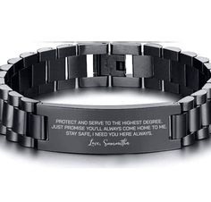 a stainless steel bracelet with an engraved message on the front and back of it's clasp