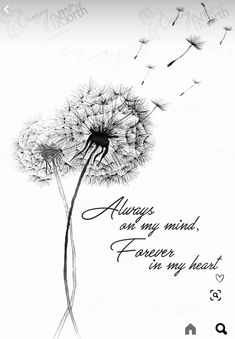 a drawing of a dandelion with the words always are my mind forever in my heart