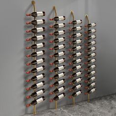 a wall mounted wine rack with many bottles