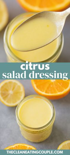 a spoon full of citrus salad dressing next to sliced oranges with the title above it