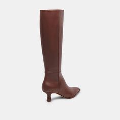 AUGGIE BOOTS CHOCOLATE LEATHER – Dolce Vita Wide Calf Mid-calf Boots For Formal Occasions, Formal Wide Calf Mid-calf Heeled Boots, Chic Mid-calf Fitted Heeled Boots, Fall Knee-high Boots With Padded Heel And Pointed Toe, Fitted Knee-high Boots With Sculpted Heel For Fall, Tall Heeled Boots For Formal Fall Occasions, Tall Heeled Boots For Fall Formal Events, Formal Knee-high Boots For Fall, Chic Knee-length Evening Boots