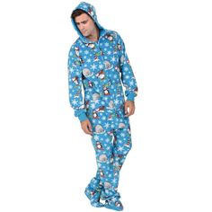 Winter wonders abound in these whimsical feel good footie pajamas for men and women! Polar bears ski and penguins snowboard past igloos and the North Pole sign during a blizzard as snowflakes fall with fury! Soft and durable polar fleece will bring comfort and last all season long! Features include front pockets and hoodie. High quality, durable and fun! Casual Long Sleeve Onesie For Bedtime, Winter Fleece Sleepwear For Pajama Party, Super Soft Winter Sleepwear, Cozy Fleece Sleepwear For Winter, Super Soft Comfortable Winter Sleepwear, Winter Cozy Fit Cotton Sleepwear, Comfortable Super Soft Winter Sleepwear, Cozy Fit Winter Sleepwear For Lounging, Casual Cotton Winter Sleepwear