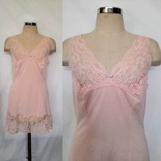 Vintage 60's mod pink poliamide, mini slip dress. Beautiful lace bust and front and back deep V-neckline.  Inserted wide laceband hem. No size tag, but it fits a size S, please check measurements for accuracy.  Bust 90cm/35.5" Waist 74cm/29" Hips 90cm/31.5" Height 80cm/31.5" The slip is in very good vintage condition with no visible flaws. If you have any questions please feel free to contact me, thank you for watching.  International and local shipping signed for with tracking number. Vintage Slip Dress Pink, Lace V-neck Camisole, Feminine Fitted Camisole Mini Dress, Vintage Fitted Mini Dress With Lace Patchwork, Fitted Vintage Mini Dress With Lace Patchwork, Fitted Pink Camisole With Lace Top, Pink Fitted Lace Top Camisole, Fitted Lace Top Pink Camisole, Feminine Camisole Mini Dress With Lace Trim