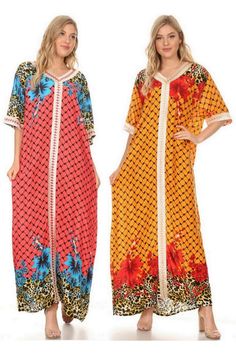 This stunning long floor-length dress features a relax column shape, V-neck, short sleeves, decorative lace at front. Comfortable to wear, easy to alter to the desired length. Pullover style, no buttons no zipper. The perfect dress to add to your versatile wardrobe beautifully transitions from casual to formal. Red Printed Maxi Dress For Beach Season, Beach Season Patterned Printed Maxi Dress, Free Size Long Floral Print Maxi Dress, Patterned Maxi Dress For Beach Season, Floral Print Patterned Maxi Dress For Beach Season, Free Size Long Maxi Dress With Floral Print, Patterned Kaftan With Vibrant Print For Spring, Spring Patterned Kaftan With Vibrant Print, Patterned Long Maxi Dress For Vacation