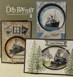 three cards with pictures of boats and trees on them, one is for deb rayfer