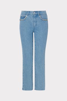 Meet Hali: Our mid-rise, crystal embellished bootcut jean. It features a front zipper, fits slim through the leg, flares out slightly at the bottom, and hits above the ankles. For a little something extra, you’ll find crystal embellishments lining the outside of each pocket. Linen Halter Top, Bootcut Jean, Embellished Jeans, Maxi Dress Cocktail, Denim Coat Jacket, Swimsuit Cover Ups, Denim Coat, Swimsuit Cover, Sweater And Shorts