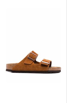 Mink brown suede/cork Arizona buckle-fastened sandals from BIRKENSTOCK featuring side buckle fastening, slip-on style, open toe, flat rubber sole and branded insole. Suede Footbed Sandals With Tang Buckle And Round Toe, Brown Suede Open Toe Slides, Brown Slip-on Cork Footbed Sandals, Brown Cork Slip-on Footbed Sandals, Brown Sandals With Cork-bed Midsoles And Flat Heel, Brown Flat Heel Sandals With Cork-bed Midsoles, Brown Suede Double Strap Footbed Sandals, Brown Suede Sandals With Tang Buckle, Brown Cork Footbed Slip-on Sandals