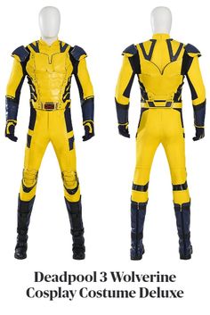 the wolverine costume is shown in yellow and black, as well as an additional set of gloves