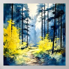 a painting of a path in the woods with yellow and blue leaves on it's sides