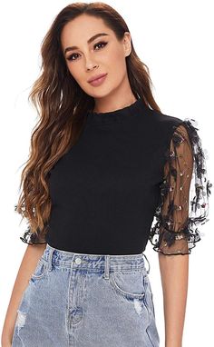 Women's Summer Mock Neck Casual Blouse with flower Embroidered Short Mesh Sleeves Date Night Outfit Dress, Night Outfits Winter, Winter Date Night Outfits, Date Night Outfit Summer, Womens Summer Shorts, Mock Neck Blouse, Blouse Tops, Mesh Sleeves, Tops Black