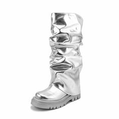 TAAFO Women Silver Fold Over Platform Boots Comfortable Thick Sole Flat Heel Ladies Pull-on Knee High Slouch Boots silver-37 Trendy Silver Boots For Winter, Casual Silver Winter Boots, Trendy Silver Boots With Round Toe, Silver Shiny Boots With Round Toe, Boots Silver, Boots Comfortable, Slouch Boots, Boots Square Toe, Suede Boots Knee High