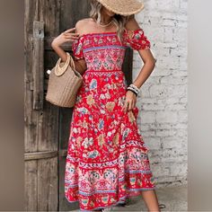 New Boho Tribal Print Off Shoulder Long Dress Floral * Off-Shoulder Neckline * Short Puffed Sleeve * Smocked Stretched Tube Top * Tiered Ruffle A-Line Hem Skirt * High Waist Approximate Measurements: Large 8/10 Bust: 31.5" (Up To 39.25") Waist: 29" (Up To 31.5") Sleeve Length: 7.25" Length: 45" Fabric Soft Flowy Viscose Color: Red, White, Blue #Spring Summer Flowy Sundress Sun Dress Fall Festival Hippie Peasant Sandals Dress Boho Bohemian Western Casual Date Night Beach Cover Up Vacation Resort Long Dress Floral, Flowy Sundress, Western Casual, Off Shoulder Long Dress, White Lace Midi Dress, Graphic Print Dress, Wool Knitted Dress, Casual Date Night, Maxi Gown Dress