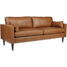 a tan leather couch with wooden legs