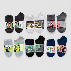 # Pieces In Set: 6 PairFeatures: Multi-PackCharacter: SpongebobShoe Size Range: 10-4, 4-10Fiber Content: 98% Polyester, 2% SpandexFabric Description: Yarn Dyed KnitCare: Tumble Dry, Machine WashCountry of Origin: Imported Cute Black Non-slip Socks, Casual Multicolor Cartoon Print Socks, Multicolor Casual School Socks, Casual Multicolor School Socks, Playful Black Non-slip Socks, No Show Socks, Big Boys, Yarn Dyeing, Kids Boys