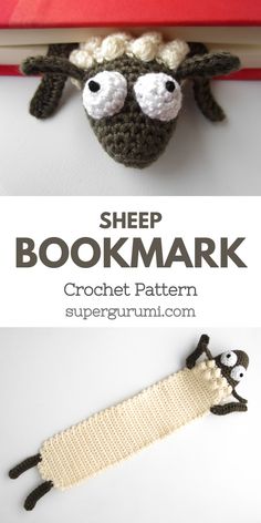 a crocheted sheep head is shown with the words bookmark above it