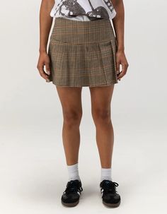 RSQ Womens Mid Rise Plaid Pleated Skirt - BROWN COMBO | Tillys Fall High Waist Lined Tennis Skirt, High Waist Lined Tennis Skirt For Fall, Fall High-waisted Lined Tennis Skirt, Casual Fitted Pleated Skirt With Pockets, Relaxed Pleated Skort With Mini Hem, High Waist Pleated Tennis Skirt For Fall, Fall Mini Tennis Skirt Lined, High Waist Plaid Pleated Skirt, Casual Plaid Pleated Skirt