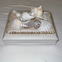 there is a small box with sea shells on it and pearls in the bottom half