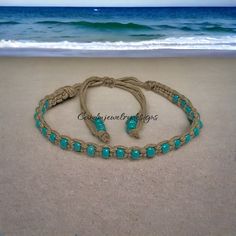 "This beaded stackable adjustable hemp bracelet is handmade. This listing is for one hemp bracelet as seen in the photos. The beads are 6/0 turquoise seed beads.  The cord is 100% natural hemp cord. This bracelet measures approximately 3/16\" and is adjustable from 6\"-10\". This bracelet will fit most wrist sizes from 5.75\"-8\". Thank you for checking out this listing, we invite you to visit our shop using the link below. Shop Link: https://www.etsy.com/shop/Candmjewelrydesigns?ref=hdr_shop_me Adjustable Beaded Turquoise Friendship Bracelets, Turquoise Hand-strung Braided Bracelet For Beach, Adjustable Hand-strung Friendship Bracelets, Adjustable Natural Hand-strung Jewelry, Natural Adjustable Hand-strung Jewelry, Handmade Adjustable Turquoise Friendship Bracelets, Adjustable Handmade Turquoise Friendship Bracelets, Adjustable Macrame Braided Bracelet, Hand-strung Waxed Cord Bracelets For Beach