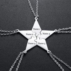 "Are you looking for gifts for your friends or your family to show your love for them? Our Personalized 5 PCS/Set BFF Puzzle Pendants Necklaces for Best Friends Sisters Brothers will be your great choice.You can engrave your name and your friend's names or family member's names on the pendants. Come and engrave today.It will come A 5 Pcs/Set. ★ Item Description: * Material:High quality stainless steel * Necklace Type:Pendant Necklaces * Pendant Size:13mmx27mm * Chain Type:Link Chain * Shape/patt Necklaces For Best Friends, Family Puzzle, Bff Jewelry, Best Friends Sister, Friend Jewelry, Bff Necklaces, Best Friend Jewelry, Best Friend Necklaces, Star Chain