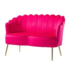 a pink couch with gold legs on a white background