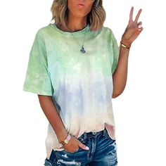 You will love the casual tops updated by Abcnature. It is made of soft polyester and spandex fabrics. It is characterized by its loose style and unique design, giving people a very fashionable feeling. This top is very versatile and can be worn in daily life, work, vacation or dating, providing a variety of options for your outfit. Abcnature Tie Dye Print Shirt Women Gradient Graphic Short Sleeve T-Shirt Summer O-Neck Casual Colorful Tee Tops Green S Gender: female.  Age Group: adult. Preppy Tops, Summer Pullover, Tops Dress, Summer Tie Dye, Pink Corset, Casual Tunics, Tie Dye Shirts, Gym Tops, Shoulder Tops