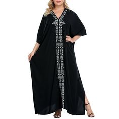 HDE's maxi kaftan beach dress is a versatile summer vacation must-have, perfect for women of all different sizes. Designed to be oversized, breezy, and relaxed feeling when you're out in the sun. The loose sleeves and loose cut will make you look slimmer and let you feel sophisticated on your next vacation getaway. You also don't have to worry about skin damage because our caftan / kaftan beach cover up offers UPF 30+ to protect your skin. Be a stunner at the beach or by the pool with a pop of 1 Oversized V-neck Maxi Dress For Vacation, Flowy Black V-neck Beach Dress, Casual Maxi-length Kaftan For Vacation, Black Maxi Beach Dress For Spring, Casual Floor-length Beach Dress, Black Flowy Beach Dress For Vacation, Flowy Black Beach Dress For Vacation, Black Maxi Dress For Beach, Black Maxi Beach Dress