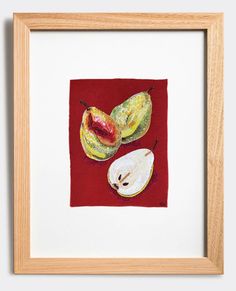 a painting of two pieces of fruit on a red background in a wooden framed frame