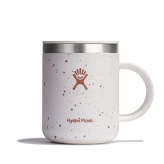 the hydro flask coffee mug is white with brown speckles