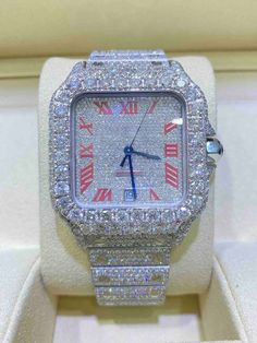 VVS Moissanite Diamond Watch, Fully Iced out Watch, Moissanite Diamond Studded Watch, Automatic Movement Watch, Red Roman Dial Watch For Men ✥ About Watch ✥ ♦  Watch - Swiss Movement ♦  Dial Window Material Type: Glass ♦  Watch Metal: Stainless Steel ♦  Diamond: Moissanite ♦  Moissanite Cut: Round Brilliant Cut ♦  Moissanite Total Carat Weight (TCW): 25.54*25=10854 Carats Approx ♦  Moissanite Color: DEF ♦  Moissanite Clarity: VS/VVS ♦  Polish: Excellent ♦  Cut Grade: Excellent Cut and Cut by Real Diamond Artisans ❖ The hand-made process to ensure the product can be precious and shine more, diamond very bling. ❖ Basic Knowledge about Moissanite ❖ ♦ Natural Diamond Hardness is 10 & Moissanite Hardness is 9.25. ♦ Moissanite maintains its clarity and sparkle throughout a lifetime like Diamonds Iced Out Watch, Nice Jewelry, Jewelry Luxury, Eco Friendly Jewelry, Expensive Jewelry, Watch For Men, Diamond Watch, Watch Movement, Wristwatch Men