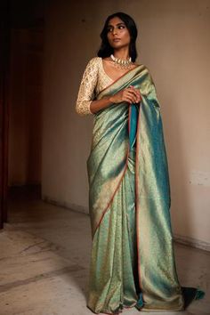 Shop for Priyanka Raajiv Blue Silk Brocade Banarasi Saree for Women Online at Aza Fashions Modest Saree, Teal Saree, Indian Royalty, Gorgeous Saree, Brocade Lehenga, Blue Silk Saree, Brocade Saree, Bridesmaid Saree, Raw Mango