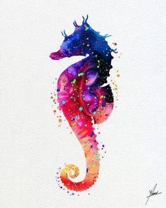 a watercolor painting of a seahorse with sprinkles on it's tail