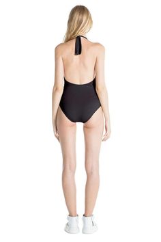 Marina halter one piece swimsuit in black Sleek Backless Swimwear With Built-in Bra, Chic Nylon Halter Neck Swimwear, Stretch Beachwear Swimwear With Back Closure, Elegant Pool Tankini With Built-in Bra, Stretch Halter Neck Swimwear In Elastane, Elastane Halter Neck Swimwear, Sleek Low-back Lined Swimwear, Sleek Low Back Swimwear, Chic Low Back Swimwear For Pool