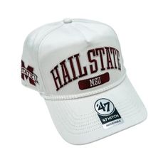 MSU 47 Brand White Local Arch Hitch Hat - Shop B - Unlimited - caps adjustable White Visor Hat For Game Day, White Snapback Hat For Fan Gear, White Collegiate Cap, White Collegiate Snapback Hat, Collegiate White Visor Hat, White Collegiate Visor Hat, White Flat Bill Hats For Game Day, White Curved Brim Trucker Hat For College, White Flat Brim Baseball Cap For Game Day