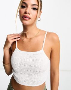 Top by Pull&Bear Short and sweet Shirred design Scoop neck Cropped length Slim fit Strappy Crop Top, Short And Sweet, Pull & Bear, White Style, Body Fit, Spring Wedding, Access Denied, Scoop Neck, Crop Top