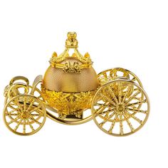 a golden carriage with gold wheels and a crown on it's head is shown