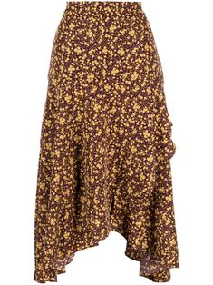 auburn brown/ochre yellow all-over floral print ruffled detailing asymmetric design high waist rear elasticated waistband asymmetric hem mid-calf length Spring Viscose Tiered Skirt, Spring Tiered Viscose Skirt, Fall Asymmetrical Hem Ruffled Skirt, Viscose Midi-length Bottoms For Summer, Spring Viscose Skirt For Daywear, Chic Asymmetrical Skirt With Floral Print, Chic Skirt With Asymmetrical Hem And Floral Print, Midi Length Viscose Lined Skirt, Fall Midi Skirt In Viscose