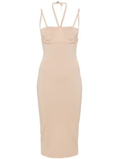 beige ribbed knit square neck concealed side hook and zip fastening halterneck tie fastening sleeveless straight hem mid-length unlined Ribbed Midi Dress, Jennifer Fisher, Dress Home, Midi Length Dress, Mandarin Collar, Halter Neck, Mid Length, Square Neck, Midi Length