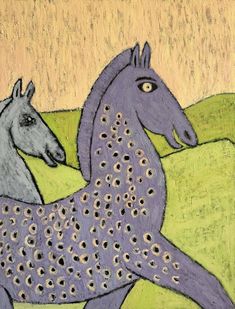 two horses standing next to each other on a green field with yellow and brown background