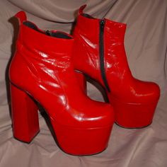 The Most Beautiful Carmine Red Real Leather Babies From My Time-Machine Closet. In Great Shape, Size 8.5 Thanks From Marsha Kay! Red High-top Platform Boots For Party, Red Platform Boots With Reinforced Heel For Party, Bold Leather Ankle-high Heels, Vintage Red Round Toe Heels, Red Platform Boots With Red Sole For Party, Vintage Red Heels With Round Toe, Retro Red Almond Toe Heels, Bold Leather Platform Boots For Party, Party Boots With Red Sole And Square Toe