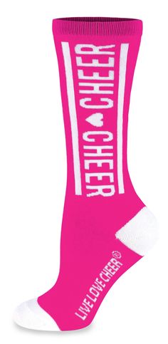 PRICES MAY VARY. Made of Cotton/Poly materials White color blocking on sock toe White color blocking on sock heel "Live, Love, Cheer" spelled out along bottom side Hair bow design featured in back on top of sock Match all of your cheer outfits with a pair of these knee high socks. This is the perfect gift for the special cheerleader in your life. Chassé is a leader and innovator in the world of cheerleading, committed to providing affordable and high-performance apparel and accessories to cheerl Cheer Socks, Sock Heel, Cheer Shoes, Side Hair, Over Knee Socks, All Star Cheer, Cheer Outfits, Pink Socks, Socks And Heels